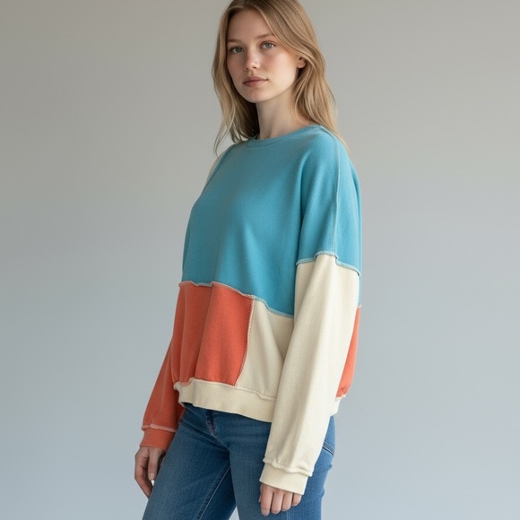 Easel Colorblock Crewneck Sweatshirt Blue Coral Cream Cotton Size Small EUC - Picture 7 of 9